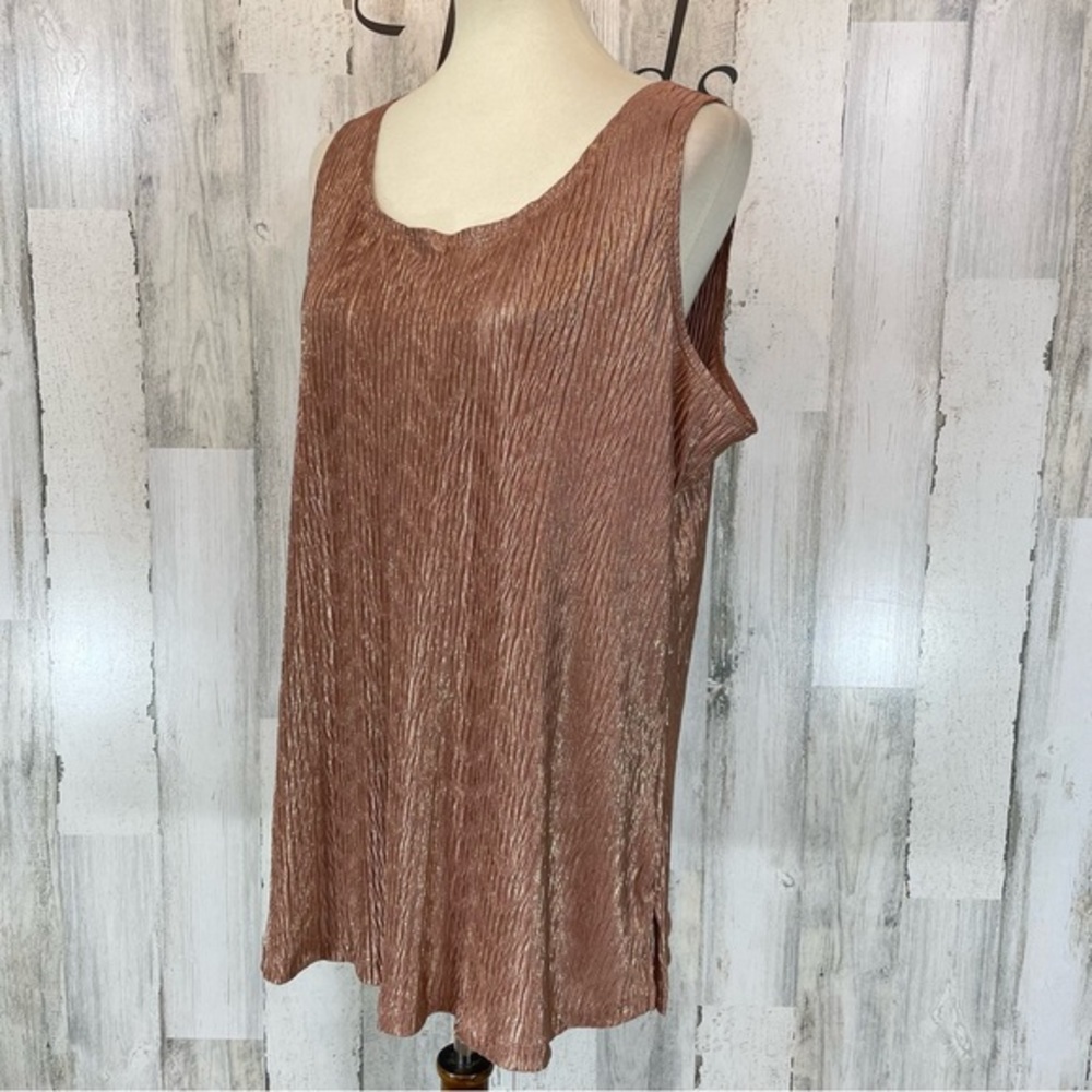 Susan Graver Shimmer Champagne Pink Sleeveless Pleated Blouse Top Shirt Sz 1X